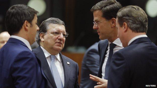 Italy"s Prime Minister Matteo Renzi (L), outgoing European Commission President Jose Manuel Barroso (2nd L), Netherlands" Prime Minister Mark Rutte and Britain"s Prime Minister David Cameron (R) talk as they arrive for a working session during an EU summit in Brussels October 24, 2014