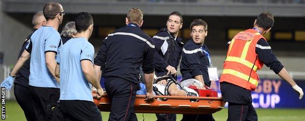 Glasgow Warriors wing Tommy Seymour is stretchered off against Montpellier