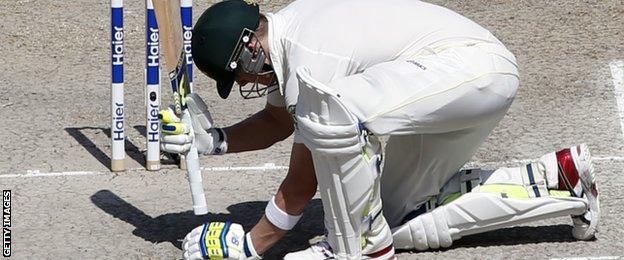 Mitchell Marsh reacts after being caught