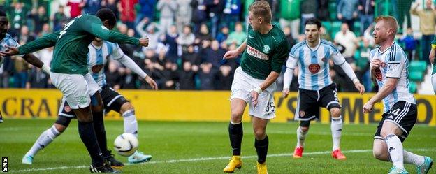 Dominique Malonga scores for Hibernian against Hearts