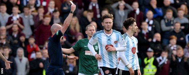 Hearts' Callum Paterson is sent off against Hibernian