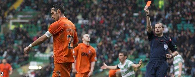 Kilmarnock captain Manuel Pascali is sent off against Celtic