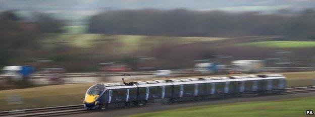 Hitachi Class 395 Javelin train as it passes through Ashford, Kent, using the HS1 Channel Tunnel Rail Link