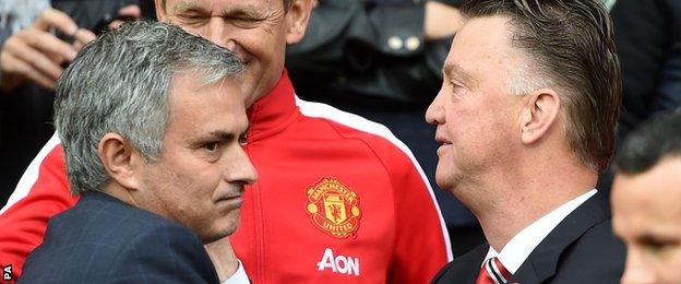 Chelsea's Jose Mourinho greets Manchester United's Louis van Gaal