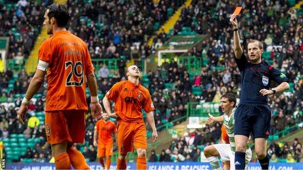 Referee Willie Collum sends off Kilmarnock defender Manuel Pascali