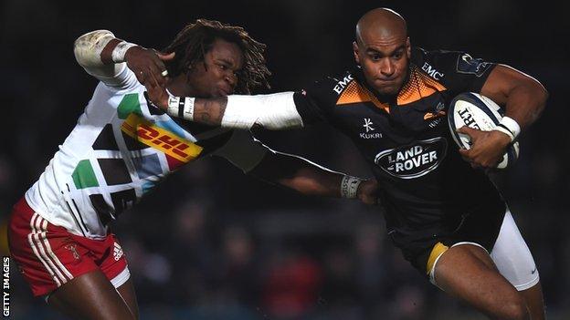 England wingers past and present Marland Yarde (Harlequins) and Tom Varndell (Wasps) take part in a high-speed duel