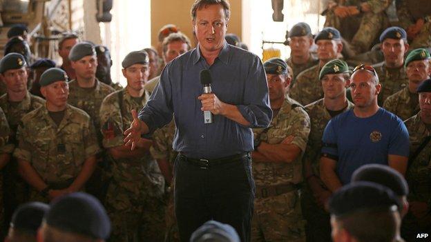 Prime Minister David Cameron addresses British troops at Camp Bastion in Afghanistan on 3 October 2014