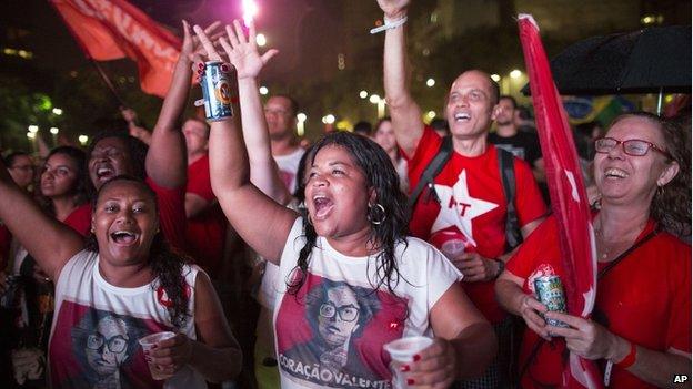 Workers Party supporters celebrate Dilma Rousseff's election victory 26 Oct 2014