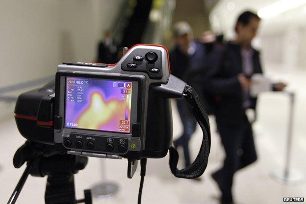 A thermal camera monitors body temperature of passengers arriving in Tocumen airport, Panama City