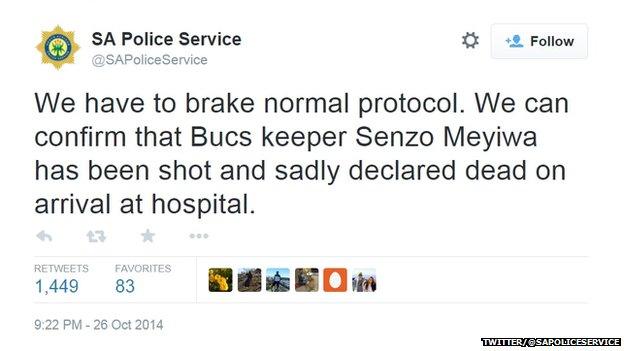 The South African Police Service confirmed by Twitter that Meyiwa had been shot dead.