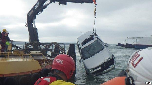 Car in the water at Sandbanks
