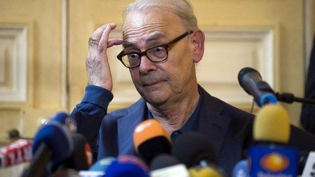 Patrick Modiano at a conference after being announced as winner of the Nobel Prize for Literature 2014 in Paris, France - 9 October 2014