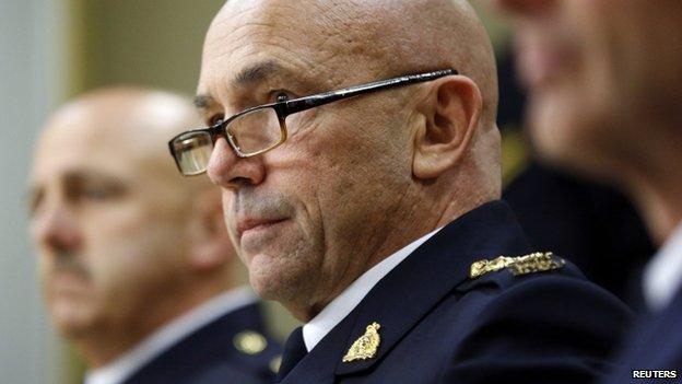 Royal Canadian Mounted Police Commissioner Bob Paulson prepared to testify before a Senate committee in Ottawa on 27 October 2014