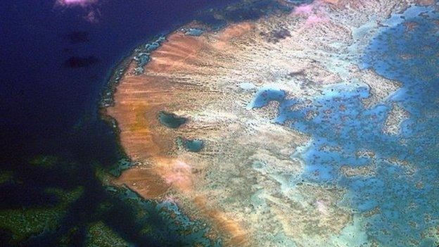 Picture of the Great Barrier Reef, which can be seen from space.