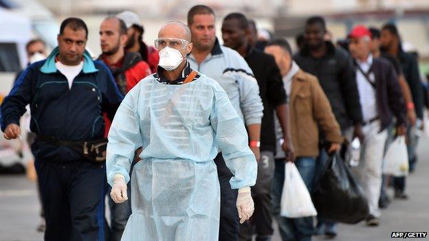 Migrants escorted ashore in the port of Palermo