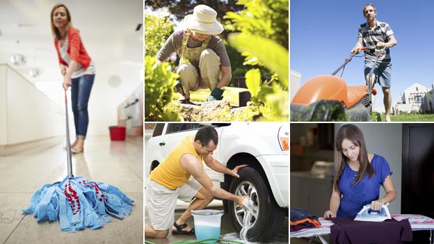 Clockwise from left: woman mopping; woman gardening; man mowing lawn; woman ironing; man washing car