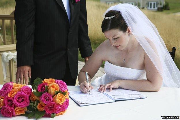 Bride signing register