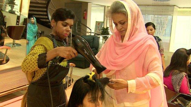 Beauticians at work in Musarat Misbah's salon