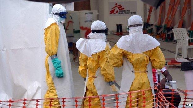 Health workers at an Ebola treatment centre run by Medecins Sans Frontieres in Monrovia, Liberia, on October 27, 2014