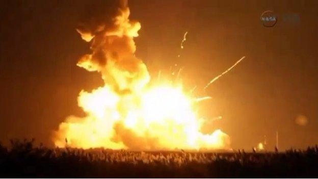 The unmanned Antares rocket is seen exploding at Wallop's Island