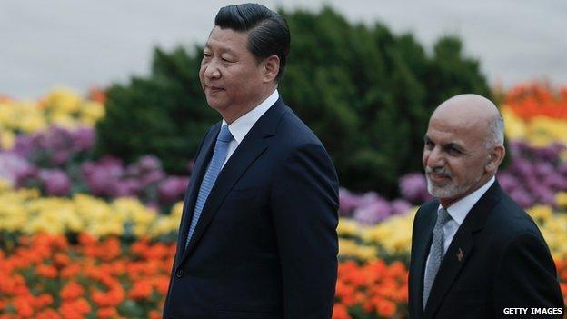 Wooing China: President Ashraf Ghani (r) is greeted by his host, President Xi Jinping