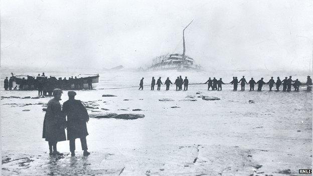 The Rohilla sinking and rescuers and a lifeboat on Whitby beach