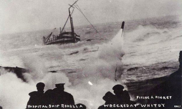 Rockets being fired from the shore at Whitby to try to secure a line to the doomed vessel Rohilla