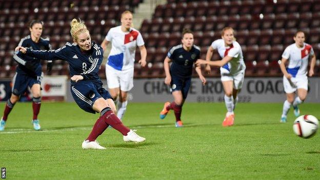 Scotland midfielder Kim Little scores a penalty against the Netherlands