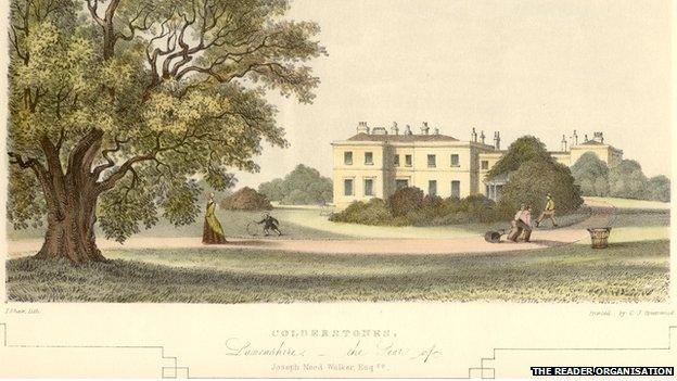 An artist's illustration by John Shaw from 1847 shows the Allerton Oak and Calderstones Mansion House