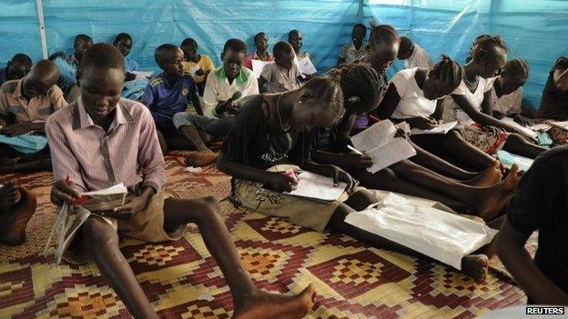 School children receive life skills and psychosocial support in emergencies at a child-friendly learning space inside Mahad's internally displaced persons (IDPs) camp in Juba on 14 October 2014