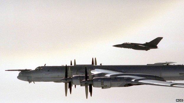 Tu-95 Bear bomber accompanied by RAF F3 Tornado, September 2007