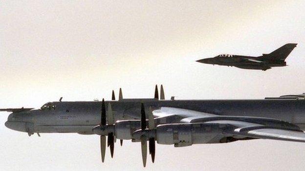 Tu-95 Bear bomber accompanied by RAF F3 Tornado, September 2007