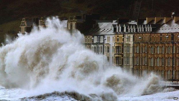 Waves crash against the Aberystwyth coastline