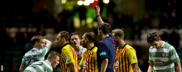 Partick Thistle's Stuart Bannigan is sent off against Celtic