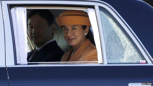 Japan’s Crown Princess Masako and Crown Prince Naruhito leave a welcoming ceremony for King Willem Alexander and Queen Maxima of the Netherlands at the Imperial Palace in Tokyo on 29 October, 2014