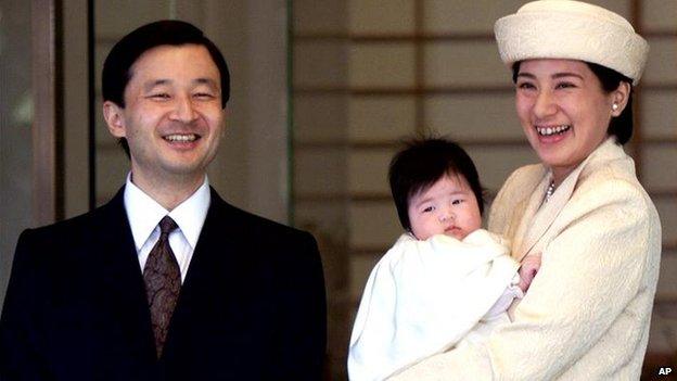 Japans Crown Prince Naruhito and Princess Masako holding Princess Aiko in her arms smile at Tokyos Togu Palace on Wednesday, 13 March, 2002