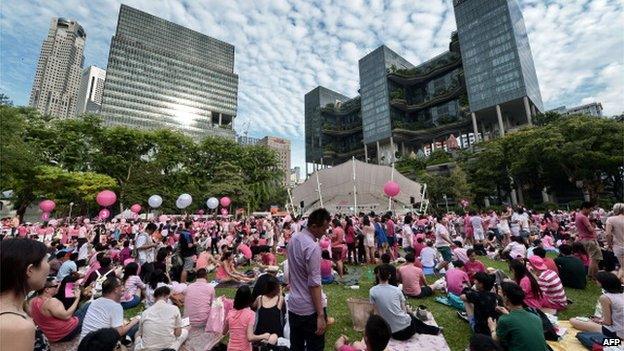 Singaporeans wearing pink T-shirts in support of gays and lesbians as they gather at 'Speakers' Corner' in Singapore on 28 June 2014.