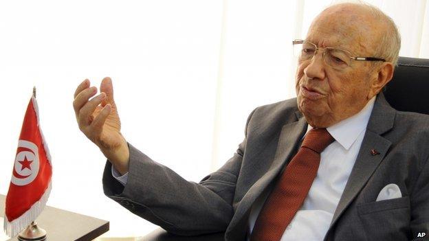 Beji Caid Essebsi, head of the Tunisian party Nida Tunis (Tunisia Calls), gestures during an interview in his office in Tunis.