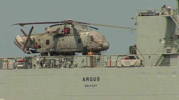 A helicopter aboard the RFA Argus