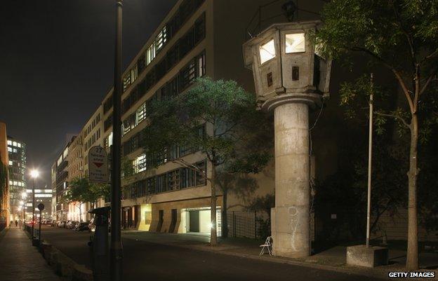 An original East German guard tower near Potsdamer Platz is now a tourist attraction (30 Oct)