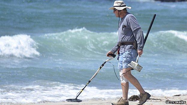 Man on beach with metal detector