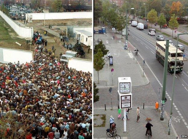 Bernauer street on 10 November 1989 (L) as crowds push through a hole in the wall and the same street today (R)