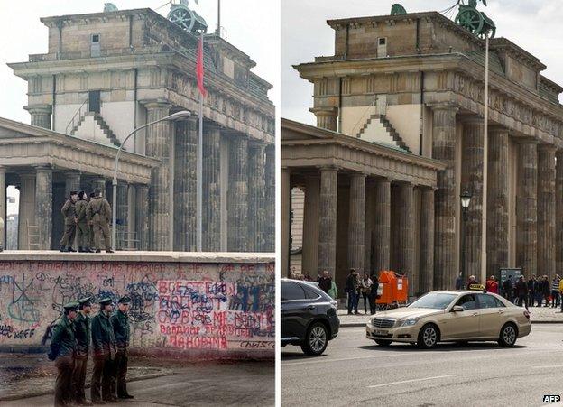 Berlin's Brandenburg Gate in December 1989 (L) with East and West German policemen and (R) today