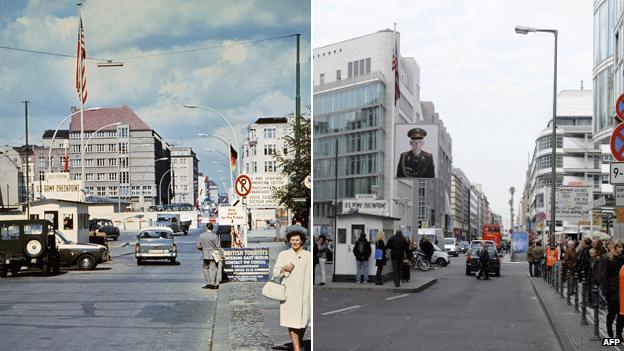 File pic of Checkpoint Charlie (L) in 1968 and (R) in 2009