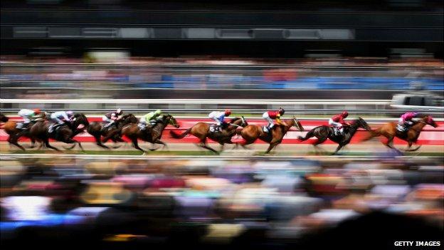 The field goes along the straight during race 3 the Carnival Handicap during Melbourne Cup Day at Flemington racecourse - 5 November 2013