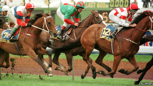 Race favourite Double Trigger, ridden by Jason Weaver, on the rail during the 135th Melbourne Cup - 7 November 1995