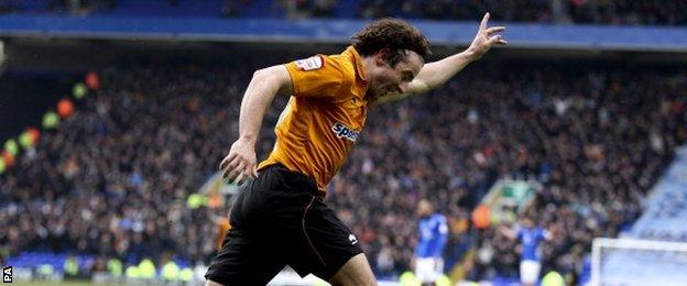 Wolves winger Stephen Hunt celebrates the opening goal at St Andrew's, April Fools' Day 2013