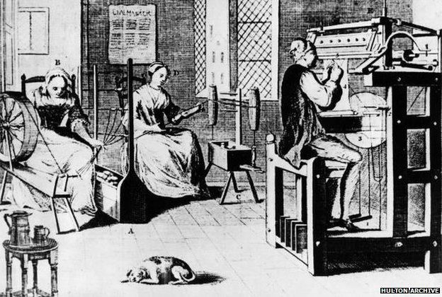 A family at work in their textile shop, which is equipped for making knitwear. On the left, a woman uses a spinning wheel, and in the centre, a woman winds yarn on a spool