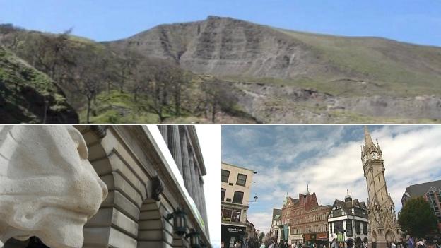 Mam Tor in Derbyshire, Nottingham's Town Hall and the Clock Tower in Leicester,