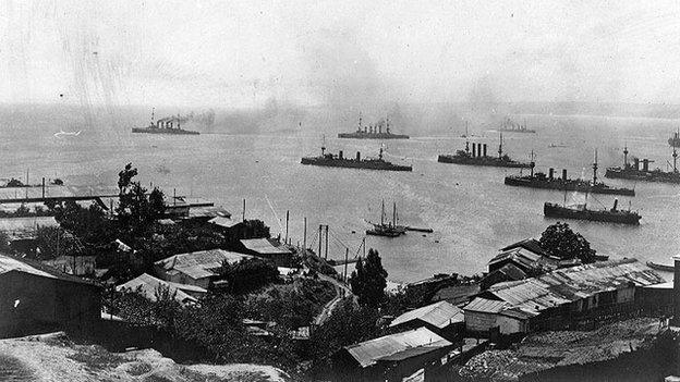 German Vice Admiral von Spee's cruiser squadron, leaving Valparaiso, Chile, circa 3 November 1914, following the Battle of Coronel.